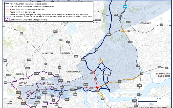 RideLondon 2024 traffic impact map
